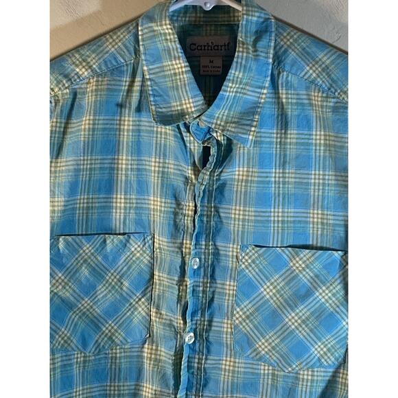 Carhartt Shirt Men M Blue Green Plaid Short Sleeve Button Up Relaxed Workwear - Picture 7 of 11